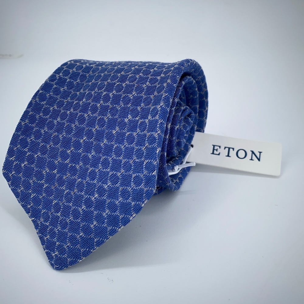 Eton Tie Mens One Size Blue Patterned Linen Professional Classic Fit Necktie NWT